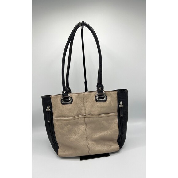 Tignanello Perfect Pockets Tote Colorblock Pebbled Leather Taupe/Black - Picture 1 of 14